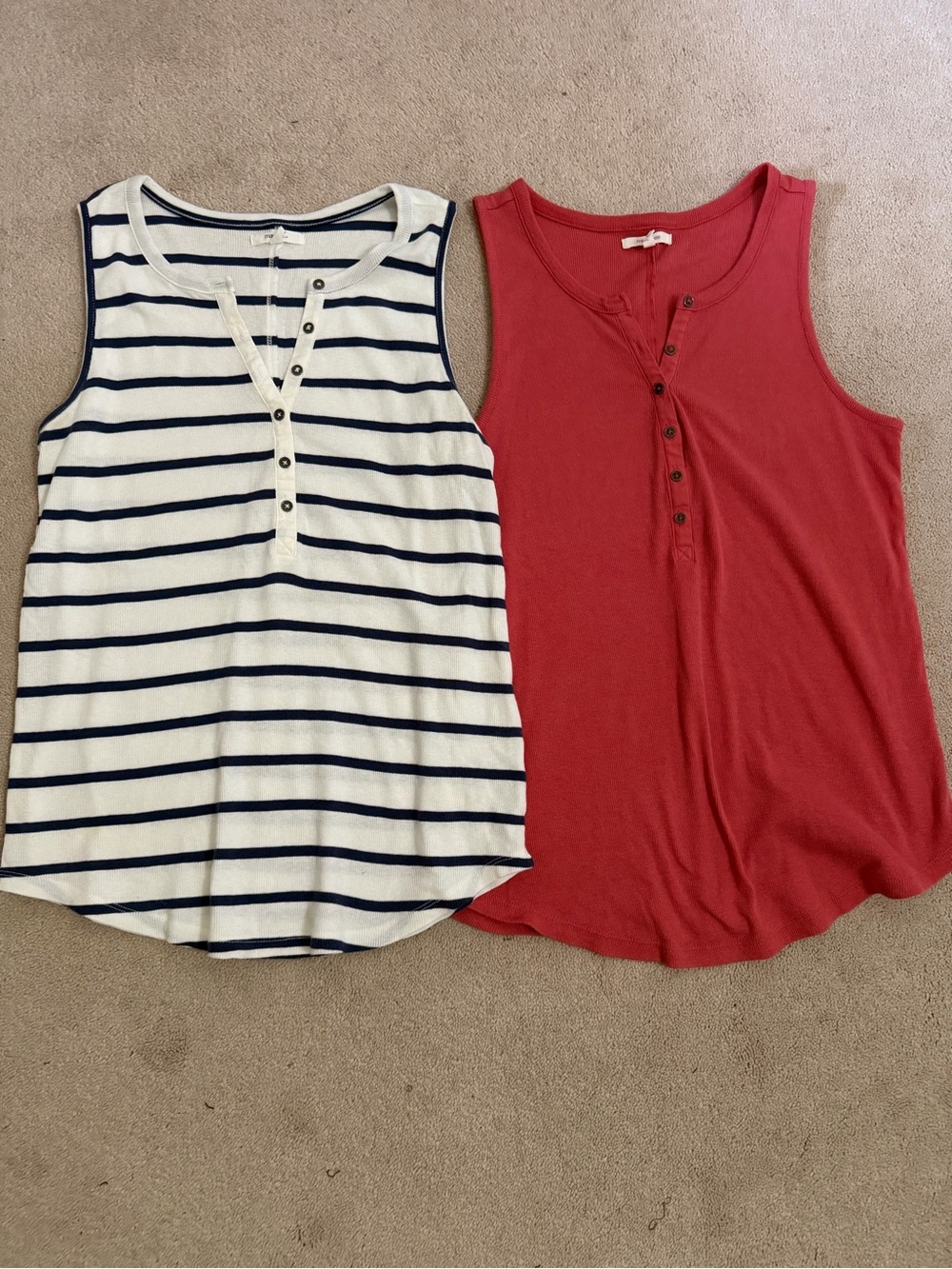 Maurices Sleeveless Henley Tanks - 1 red, 1 white with navy stripes